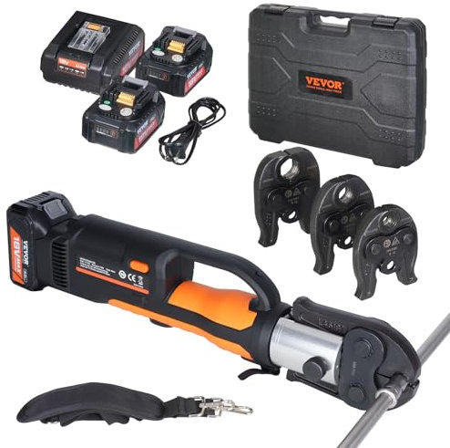 VEVOR Presswerkzeug und Akku-Set, Pro-Presswerkzeug, elektrisches Rohr-Crimpwerkzeug mit M15-, M22-, M28-Backen, Presswerkzeugs-Set mit 2 Stück 20-V-4,0-Ah-Akku, Schnellladegerät und Tragetasche