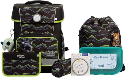 SCHOOL-MOOD Champion Pro Finn Panther Schulranzenset 7-teilig 21,5L Stauraum, ergonomisches Easy Fit System für 1 m bis 1,50 m Körpergröße, standfest, wasserdichter Stoff mit Reflektoren