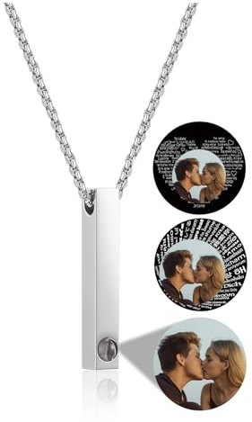 JSDDE Personalised Projection Necklace with Picture inside Customized Bar Necklace Memorial Necklaces Gifts for Women Men Silver