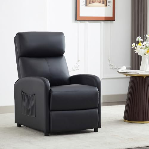 mcc direct Push Back Recliner Chair, PU Leather Single Sofa with Lumbar Support, Padded Backrest, Side Pocket and Adjustable Leg Rest for Home Living Room Theatre (Black)