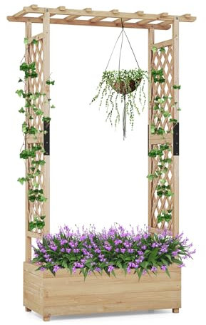 GOPLUS Hochbeet mit Rankgitter, Blumenkasten mit hängendem Dach & Ablauflöchern, Pflanzkasten Rankhilfe Pflanzkübel für Garten, Terrasse, Hof (110 x 44 x 182 cm,Natur)