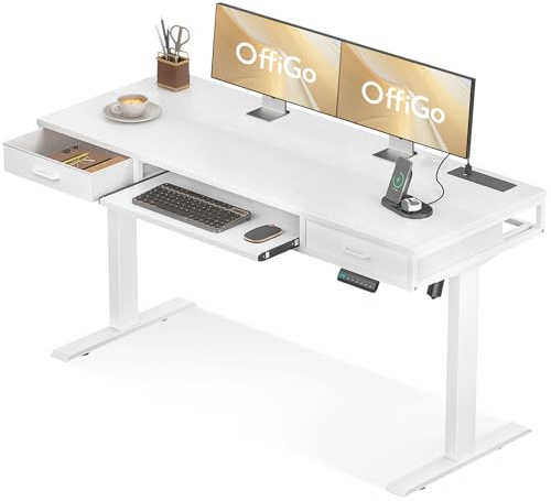 OffiGo Height Adjustable Desk with Double Drawers, 140 cm Standing Desk with Keyboard Tray, Electric Computer Table with Power Socket, Sit Stand Desk for Home Office, White
