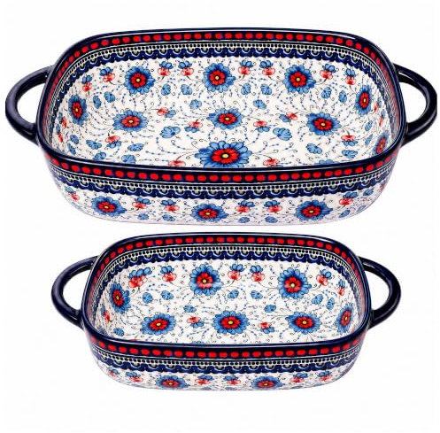 Moqidadii 2-Piece Hand-Painted Polish Pottery Style Ceramic Baking Dish Set