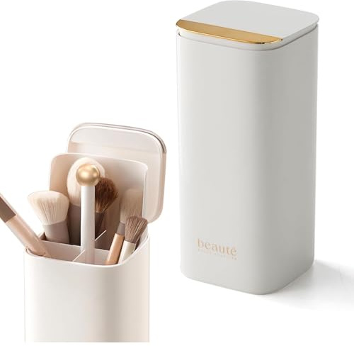 Luckyan Makeup Brush Holder with Lid,Automatic Lifting 4 Slots Dustproof Make up Brush Organiser Brushes Case Pot Cosmetics Organizer Storage for Dressing Table,Vanity,Gold-White