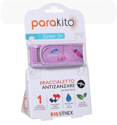 BIOSYNEX - PARAKITO - Braccialetto Antizanzare - 2 Ricariche Incluse - 1 Mese Di Protezione - Senza DEET - Modello Piume - Taglia Junior 3+