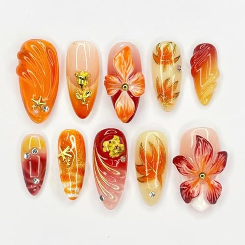 Nymora Ongles autocollants, 30 ongles faux faits main en amande moyenne avec design de fleurs 3D, ongles faux brillants réutilisables d’été pour femmes et filles (manucure) – Kit de transport Jelly Ge