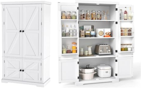 KOMFOTTEU Mobiletto Multiuso con 4 Ante in Legno, Credenza Cucina Salvaspazio con 2 Ripiani Regolabili e 1 Armadio, Mobile Buffet per Sala da Pranzo, Soggiorno, 76,5 x 40 x 139 cm, Bianco(In 2 Pacchi)