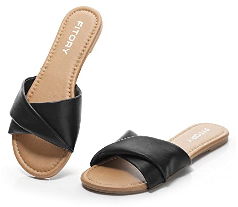 FITORY Women's Sandals Flat Slip On Leather Summer Slide Size 4-9 UK | Ladies Comfy Casual Soft Shoes with Open Toe and Strap, Dressy Cute for Office, Beach, Holiday, Party