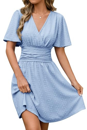 HEEKPEK Abito Estivo Donna Scollo a V Vestito Donna Elegante Manica Corta Casual Vestiti Estivi Corti Leggero Mini Abiti Vita Alta Linea A Vestitino Mare da Spiaggia Festa Matrimonio (Blu, L)