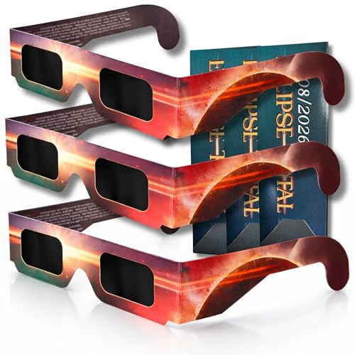 3 Occhiali Eclissi Solare 12 Agosto | Certificati ISO 12312-2 e Certificato CE | Filtro Protettivo per Visione Sicura | Protezione dai Raggi UV e Infrarossi
