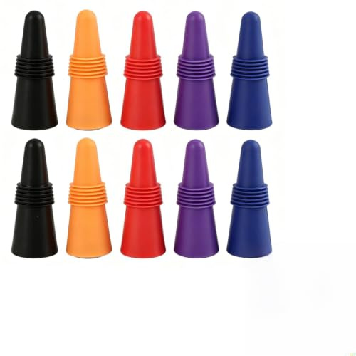 10 Bouchons à Vin Réutilisables en Silicone, Bouchons Hermétiques pour Bouteilles de Vin et Boissons, avec Poignée – Passe au Lave-Vaisselle, Multicolores (Rouge, Bleu, Orange, Violet, Noir)