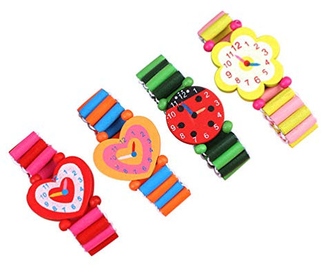 STOBOK 4 Stück Holzarmbanduhren Spielzeug Armband Uhr Modell für Kinder Geburtstagsfeier Gefälligkeiten (Zufälliges Muster)