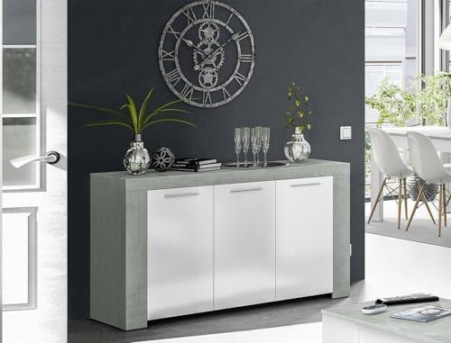 Dmora - Bellevue-Sideboard, Wohnzimmer-Buffet, TV-Schrank, Sideboard für Wohnzimmer, moderner Kleiderschrank mit 3 Türen, 144 x 42 x 80 cm, Zement und Weiß