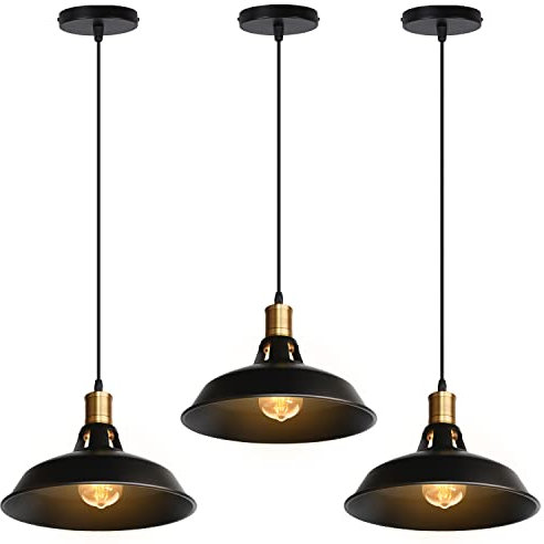 iDEGU 3 Pezzi Lampadario a Sospensione Vintage Industriale 27cm Lampada da Soffitto in Metallo E27 Retro Lampada a Sospensione per Cucina Soggiorno Sala da Pranzo (Nero)