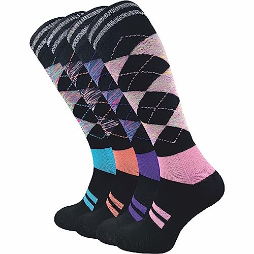 GAWILO Chaussettes d’équitation femme en coton (4 paires) Chaussettes hautes à motif argyle, idéales pour bottes d’équitation (35-38)