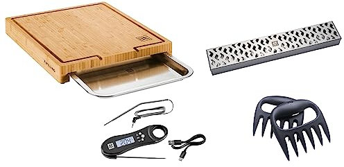 ZWILLING BBQ+ 4-pc Grill Smoker Set, Bamboo Cutting Board (15.5 x 12) with Tray, Smoker Box, Digital Thermometer, Meat Claws