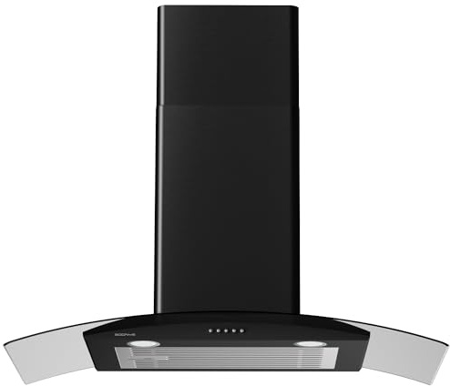SOONYE 30 Inch Black Range Hood Wall Mounted Curved Glass Range Hoods with 450 CFM, Stainless Steel kitchen Ductless/Ducted Convertible with 3 Speed Controls, Permanent Baffle Filters and 2 LED Lights