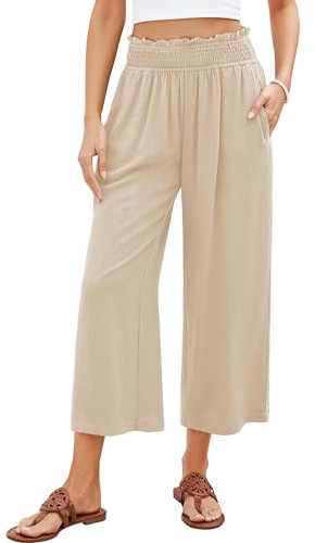 GRAPENT Wide Leg Trousers Flowy Beach Pants Summer Casual Outfits for Women Summer Outfits Lounge Pants with Pockets Women High Waisted Linen Trousers Almond XX-Large Size 20-22