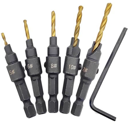 5 Pièces Fraises à Noyer, Jeu de Fraises Tige à Chanfreiner, Foret à Fraises HSS Metal Réglable avec Une Clé Hexagonale pour Bois, Trous Pré-Percés et Fraisés en une Seule Étape