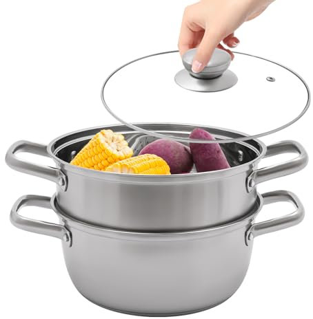 Edelstahl-Dampftopf 2-stufig für ein müheloses Dampfgaren von Speisen - Hochwertiges 304 Edelstahl - Robust & langlebig - Große Kapazität - 2-in-1 Design - Benutzerfreundlich (16cm 3,5L)