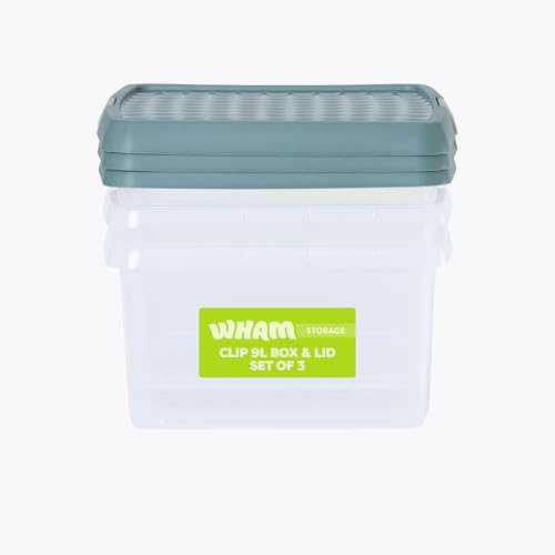 Wham Clip 3 x 9L Square Stackable Plastic Storage Boxes with Lids | Ideal for Home, Office, Toys & More | Storage Containers with Clip Locks | Made in UK - Clear/Green Milieu