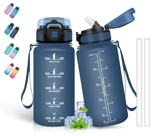 500ml Gourde Enfant, Paille, Anti-Fuite, Gourde Graduée pour 1 Journee, Facile à Nettoyer, Graduée avec Slogan de Motivation, Bouteille d'eau pour l'École, Voyage, Bleu Marine