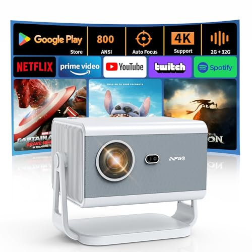 INFGO Smart Projector 800 ANSI, Native 1080P 4K-Supported WiFi 6 Bluetooth 5.4 Home Theater Projector with Auto-Focus & 360° Stand, Compatible with Smartphone/Laptop, White