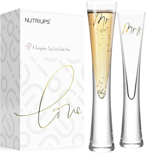 NUTRIUPS Lot de 2 copas de champán sopladas a mano para regalo de boda, 15 cl (Sr. y Sra.)