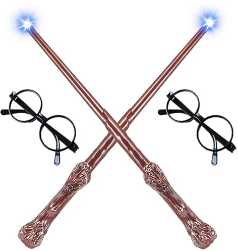 KBIBCK Leuchtender Zauberstab, 35 cm Harry Zauberstab mit Licht und Sound, Magischer Zauberstabs mit 2 Brillenpaare für Zauberer, Zauberlehrlinge, Karneval, Spielzeug Cosplay