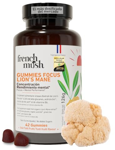 French Mush Lion’s Mane Gummies – Integratore per la memoria e la concentrazione – Multivitaminico con vitamina C, B6, acerola e tè verde – Benessere, rilassamento – 42 gummies vegane multifrutta