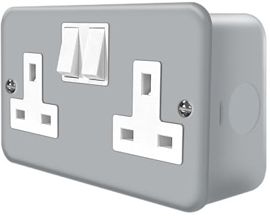 Evoges Vector Metal Clad 13A 2 Gang Double Pole Switched Socket – Heavy Duty Steel Back Box, Industrial Grade, Grey Finish