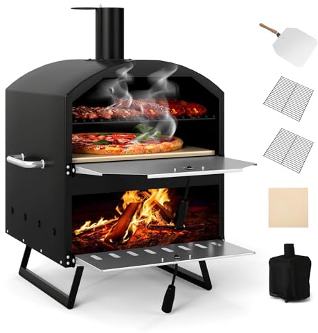 COSTWAY 2-Lagers Pizzaugn med Grillgaller, Pizzaspade, Fyrkantig Pizzasten och Vattentät Täckning, Bärbar Vedeldad Ugn för Camping, Picknick och Grillfest