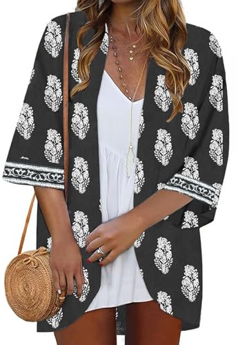 Famulily Boho Kimono Cardigans for Women UK, Half Sleeve Cardigan Cover ups Summer Loose Open Front Printed Tops