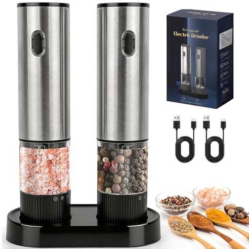 Electric Salt and Pepper Grinder Set, USB Rechargeable Automatic Mills with Adjustable Coarseness, 80ml Capacity Stainless Steel Ceramic Grinders Refillable for Effortless Gourmet Cooking, BBQ (2 PCS)