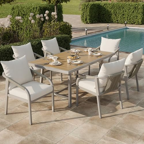 Arhatreya trädgårdsmöbler, matgrupp för 6 personer – set med matbord och 4 stolar, galvaniserat stålrör, bordsskiva av plast, modern repflätad design, utomhus, kaki + beige