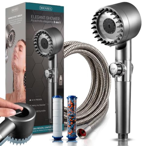 MENZZA® Kit Alcachofa De Ducha Con Filtro De 15 Etapas + Manguera De 1,5M I Cabezal Ducha Alta Presion 4 en 1 Con Botón Stop y 1 + 2 Filtros Antical De Repuesto I Cabezal Masaje + Exfoliacion Capilar.