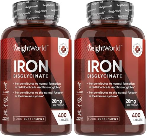 Iron Supplements for Women & Men - 28mg - 400 Tablets (6+ Months Supply) - Highly Bioavailable Ferrous Bisglycinate Form - Non-GMO & Vegan Iron Tablets High Strength - Gentle Formulation (Pack of 2)