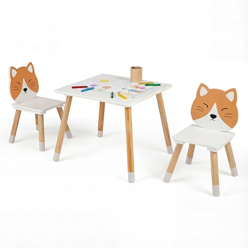 LIFEZEAL Set da tavolo e 2 sedie per bambini, set di 3 pezzi con motivo di gattino per ragazze e ragazzi, tavolo con 2 sedie per cameretta dei bambini, sala giochi (bianco, stile2)
