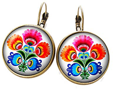 Boucles d'oreilles Broderie Folklorique cabochon bronze motifs russes slave bleu dormeuses