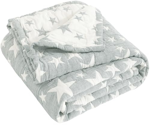 NTBAY 3 Layer Baby Muslin Cotton Toddler Blanket, 76x102 cm Jacquard Reversible Nursery Bed Blanket, Super Soft and Thermal Cot Bed Blanket for All Seasons, Baby Gift, 76x102 cm, Grey White Star