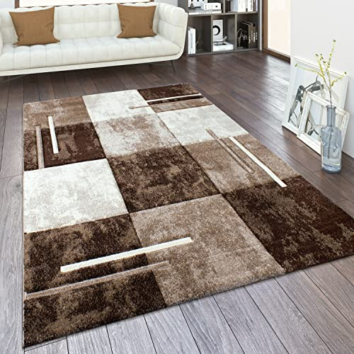 Paco Home Teppich Wohnzimmer Kurzflor Schlafzimmer Moderne Vintage Optik Geometrisches Muster Kariert 3D Effekt Konturenschnitt, Grösse:120x170 cm, Farbe:Braun Beige