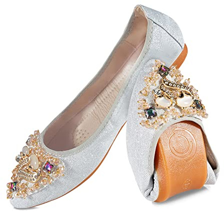 MACHSWON Escarpins pliables pour femme - Ballerines pliables avec de beaux strass portables à enfiler, Argenté., 37 EU