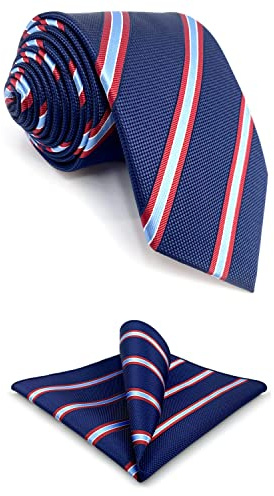 S&W SHLAX&WING Corbata con Bolsillo Pañuelo Conjunto Rayas Azul Marino con Rayas Rojas para Traje 147cm