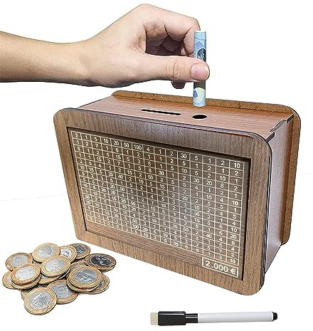 Sparbox Reutilizable, Hucha de Madera Retro Hucha Caja de Almacenamiento Ayuda a desarrollar el hábito de Ahorrar, 2000 € Marrón