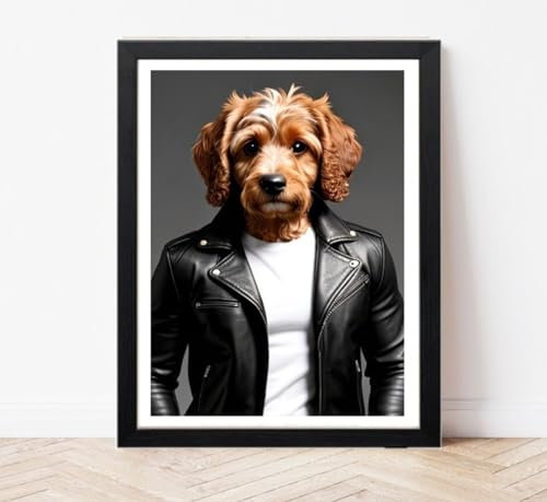 Cockapoo humanizado con chaqueta de cuero - Impresión de Cockerpoo - Imagen de perro - Retrato de mascota - Animal en ropa - Chaqueta de motociclista - Decoración de pared