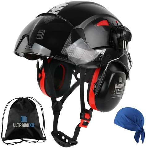 UM ULTRAMAXX Safety Helmet Hard Hat with Visor and Ear Protection, ANSI Z89.1 Approved Lightweight Vented Work Helmet Kits, 6-Point Suspension Hardhat Ideal for Industrial and Construction,Black