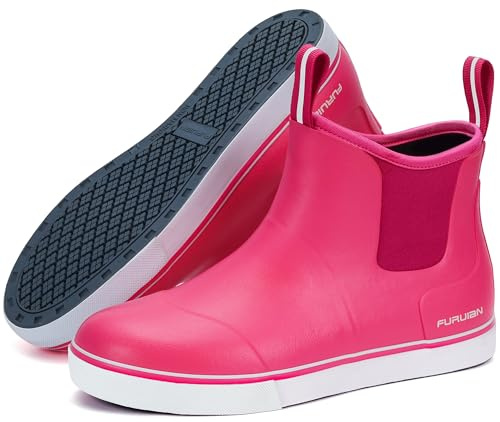 Furuian Women's Deck Boots Ankle Rain Boots Fishing Boots Rubber Waterproof Garden Shoes Slip-Resistant Outdoor Work Shoes, Pink, Size 9