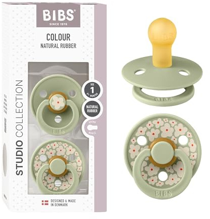BIBS Colour Studio Soother 2-Pack, BPA Free Dummy Pacifier, Round Nipple. Natural Rubber Latex, Made in Denmark, Size 1 (0-6 Months), Jasmine Sage