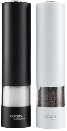 Cooks Professional Electric Salt and Pepper Mill Set | Battery Operated Automatic Grinders with Adjustable Course & Fine Grinding & One Touch Operation | Condiment Seasoning Grinder | Black & White