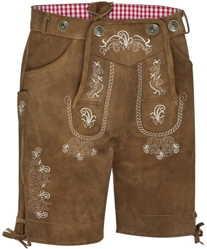 KOSMEEU Lederhose Herren Tracht Kurz Trachtenhose Trachtenlederhosen Lederhose Oktoberfest Mann Braun bayrische Trachten Hose Trachtenmode Hosenträger mit Kunst-Wildleder 50